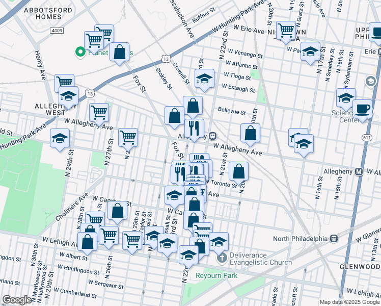 map of restaurants, bars, coffee shops, grocery stores, and more near 2301 West Clearfield Street in Philadelphia