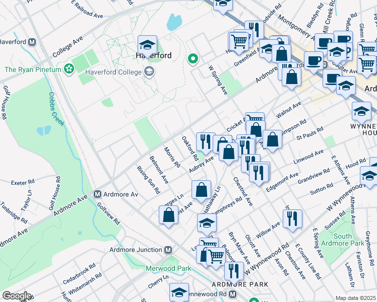 map of restaurants, bars, coffee shops, grocery stores, and more near 2922 Oakford Road in Ardmore