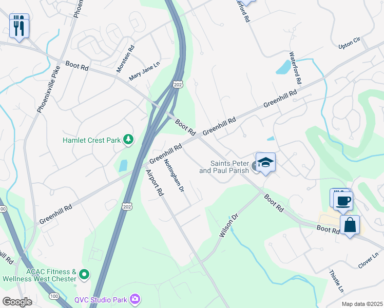 map of restaurants, bars, coffee shops, grocery stores, and more near 1133 Windsor Drive in West Chester