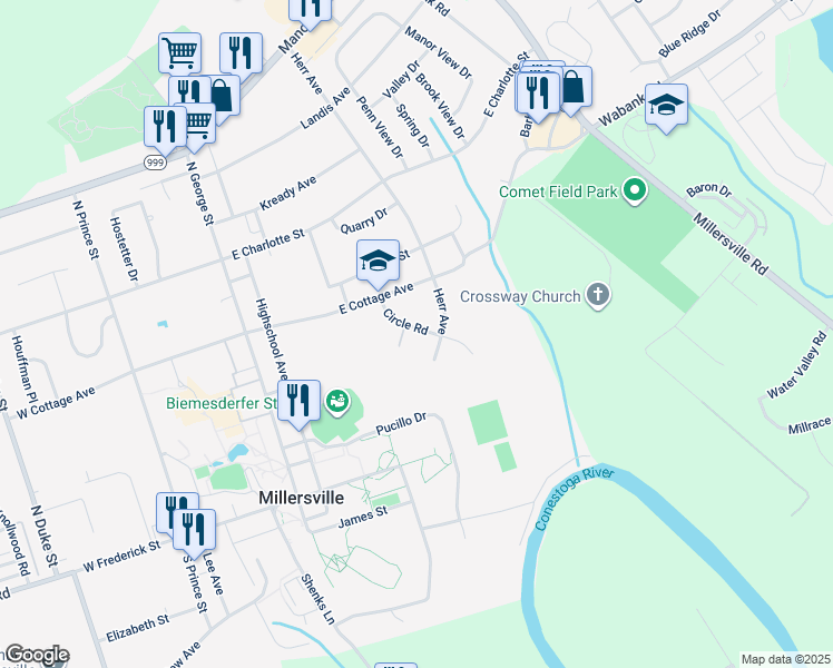 map of restaurants, bars, coffee shops, grocery stores, and more near 15 Circle Road in Millersville