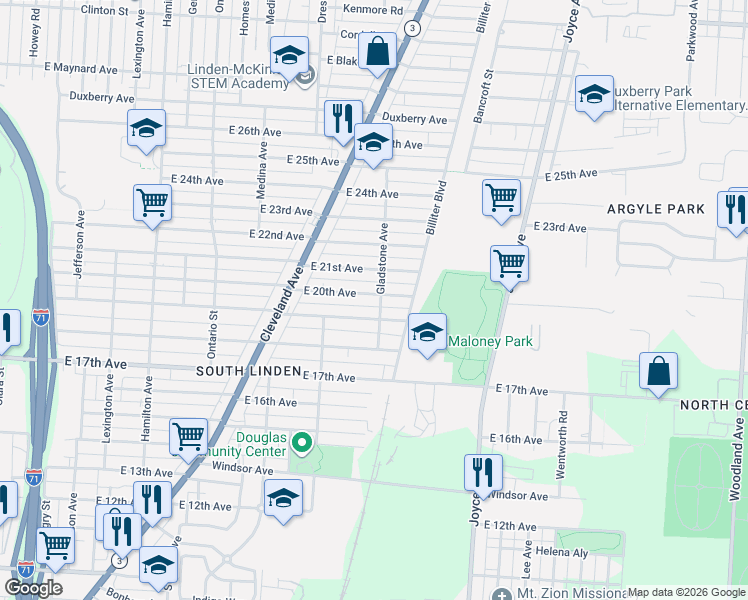 map of restaurants, bars, coffee shops, grocery stores, and more near 1373 East 19th Avenue in Columbus