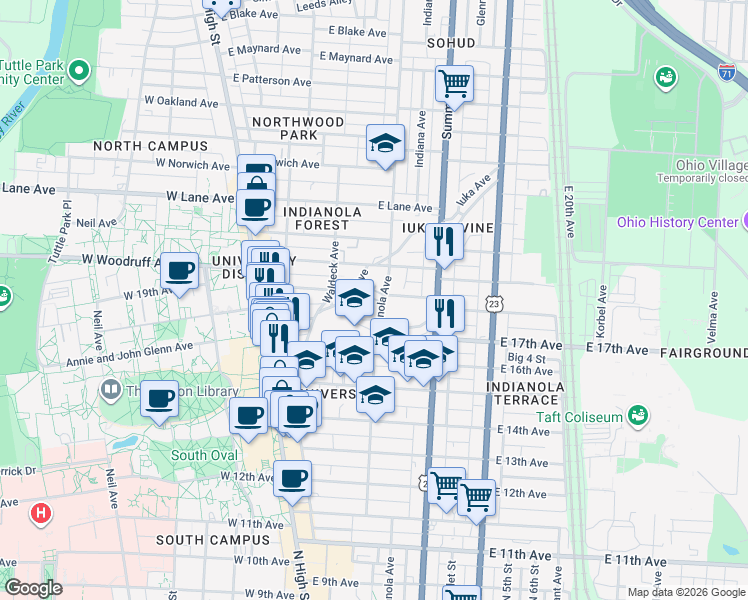 map of restaurants, bars, coffee shops, grocery stores, and more near 1911 Indianola Avenue in Columbus