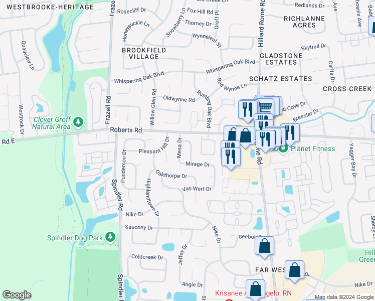 map of restaurants, bars, coffee shops, grocery stores, and more near 2483 Pressman Drive in Hilliard
