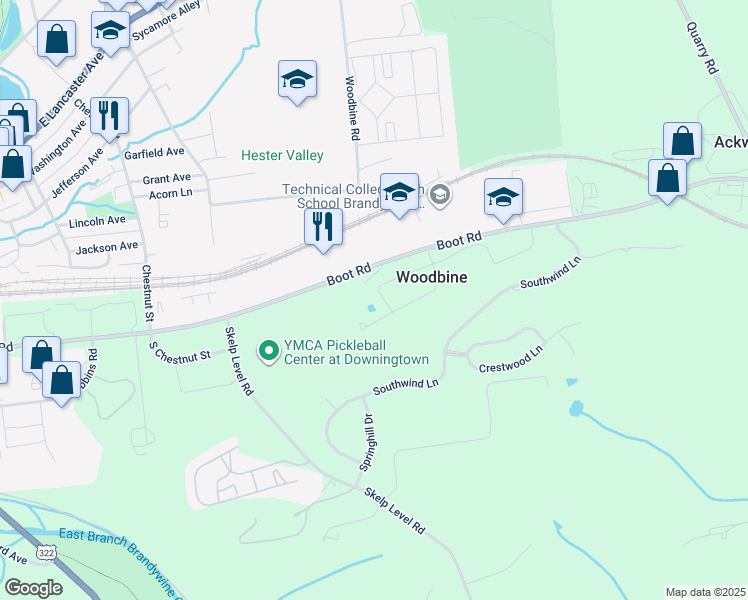 map of restaurants, bars, coffee shops, grocery stores, and more near 260 Chase Drive in Downingtown