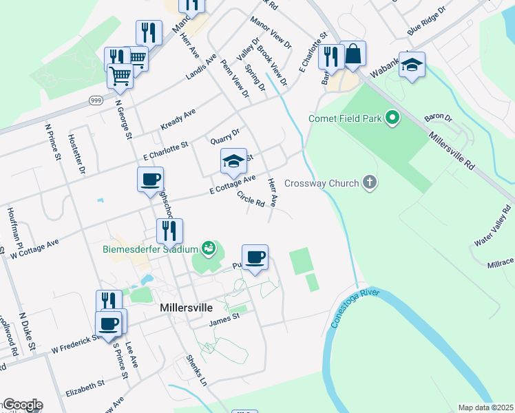map of restaurants, bars, coffee shops, grocery stores, and more near 15 Circle Road in Millersville