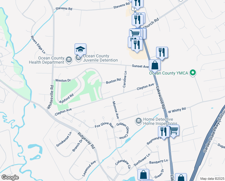 map of restaurants, bars, coffee shops, grocery stores, and more near 88 Clayton Avenue in Toms River