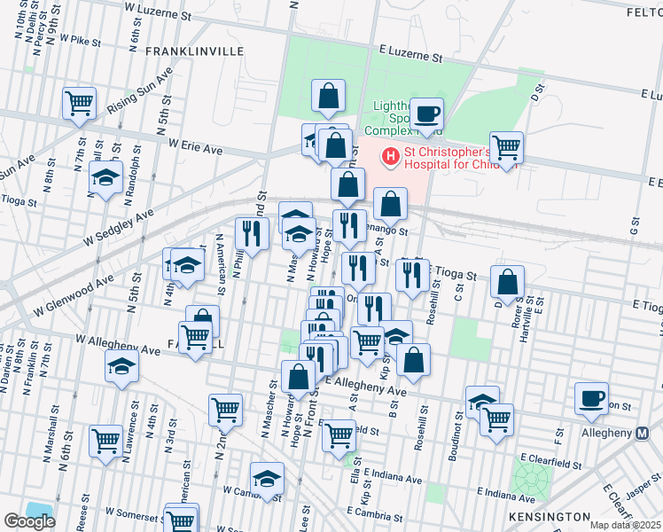 map of restaurants, bars, coffee shops, grocery stores, and more near 3446 North Front Street in Philadelphia