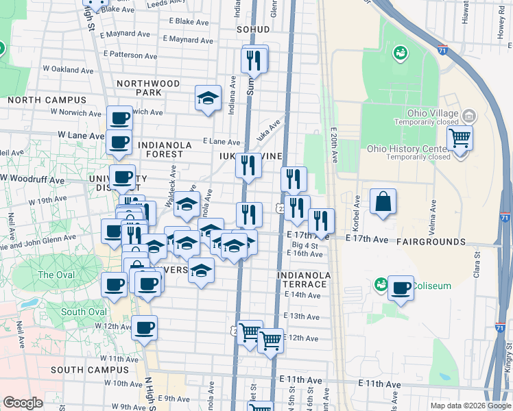 map of restaurants, bars, coffee shops, grocery stores, and more near 310 East 18th Avenue in Columbus