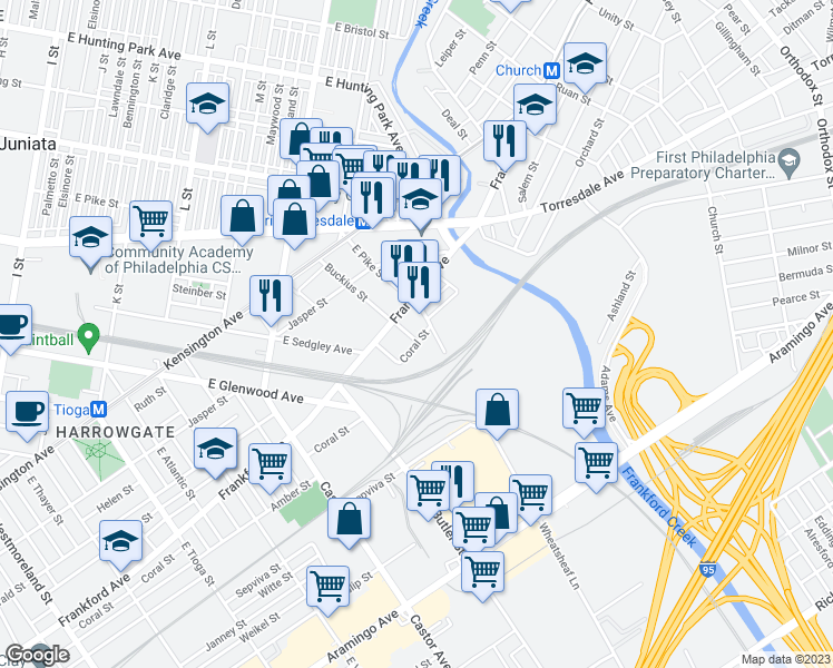 map of restaurants, bars, coffee shops, grocery stores, and more near 2035 Buckius Street in Philadelphia