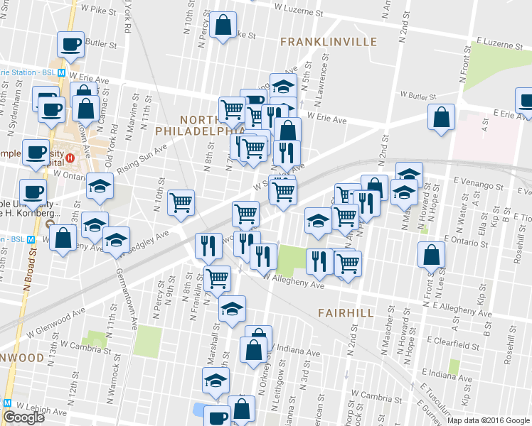 map of restaurants, bars, coffee shops, grocery stores, and more near 3412 North Randolph Street in Philadelphia