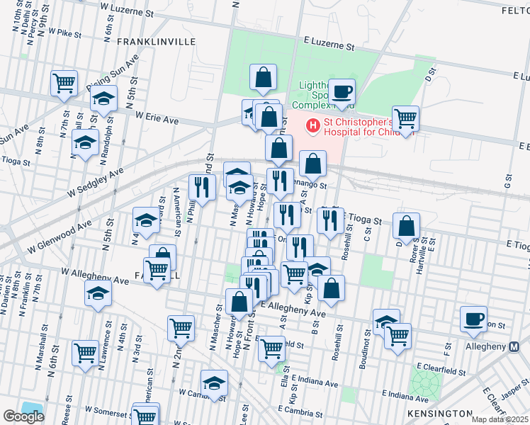 map of restaurants, bars, coffee shops, grocery stores, and more near 3446 North Front Street in Philadelphia