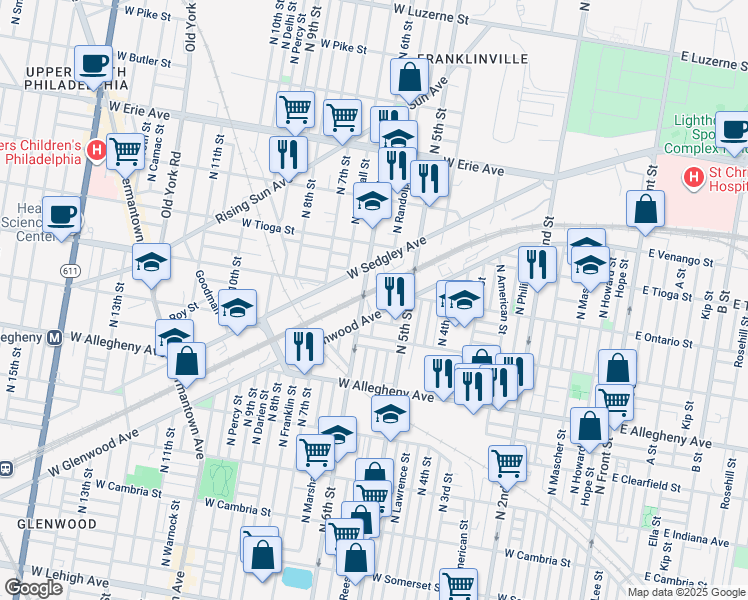 map of restaurants, bars, coffee shops, grocery stores, and more near 3418 North Fairhill Street in Philadelphia