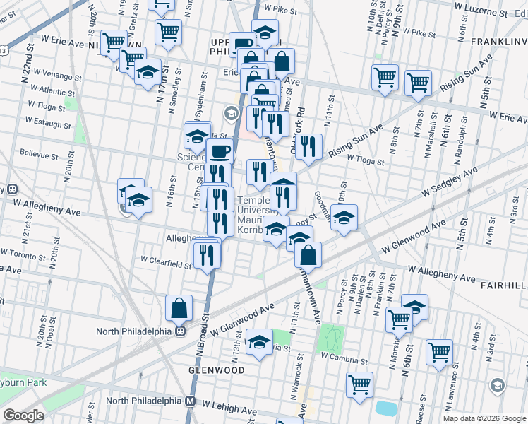 map of restaurants, bars, coffee shops, grocery stores, and more near 1239 West Hilton Street in Philadelphia