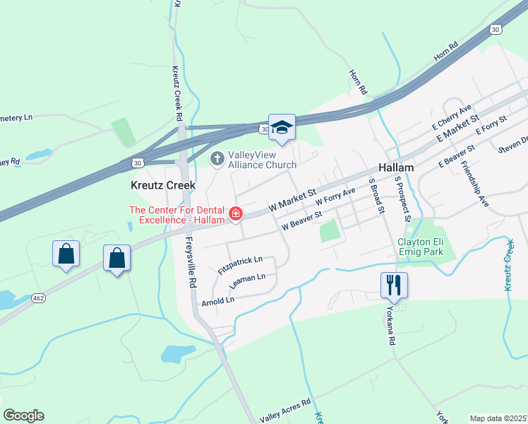map of restaurants, bars, coffee shops, grocery stores, and more near 418 West Market Street in Hallam