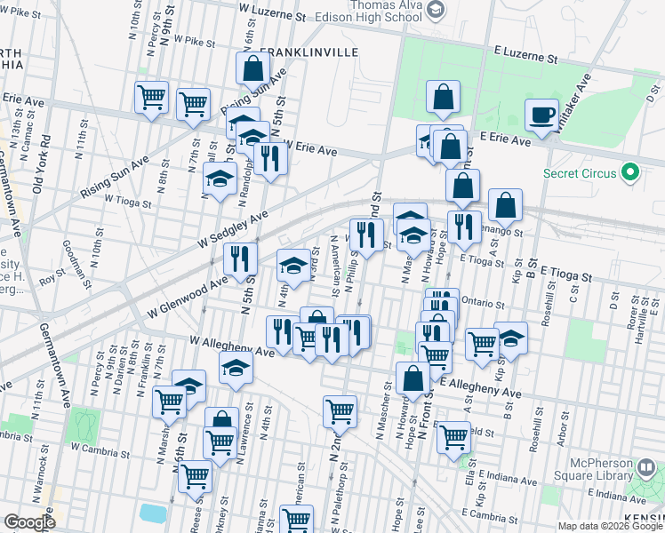 map of restaurants, bars, coffee shops, grocery stores, and more near 3356 North Philip Street in Philadelphia