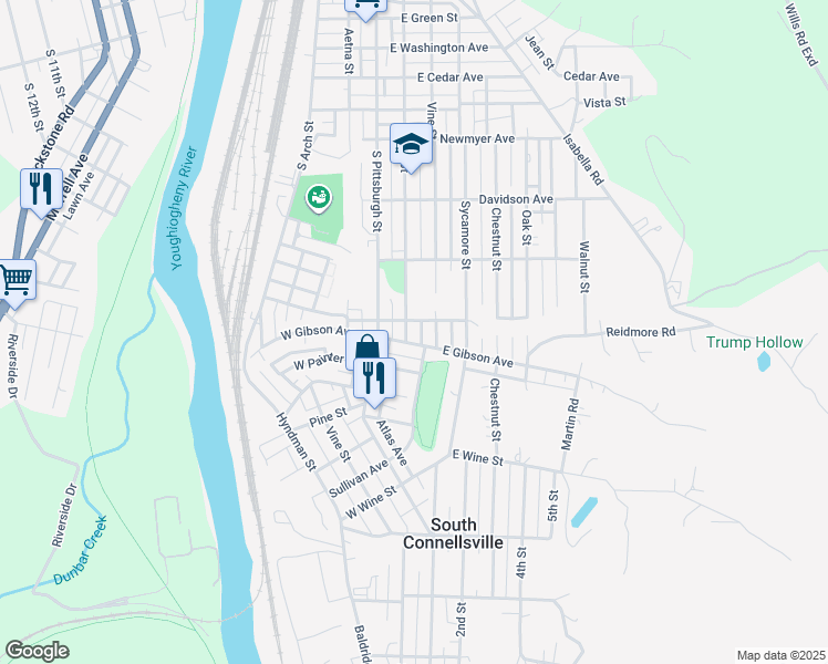 map of restaurants, bars, coffee shops, grocery stores, and more near 1127 East Gibson Avenue in South Connellsville