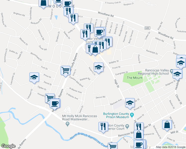 map of restaurants, bars, coffee shops, grocery stores, and more near 63 Regency Drive in Mount Holly