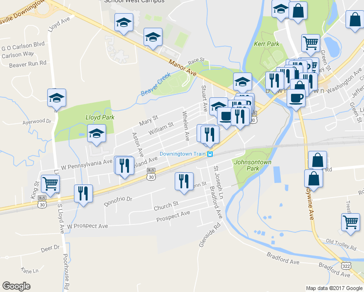 map of restaurants, bars, coffee shops, grocery stores, and more near 249 Highland Avenue in Downingtown