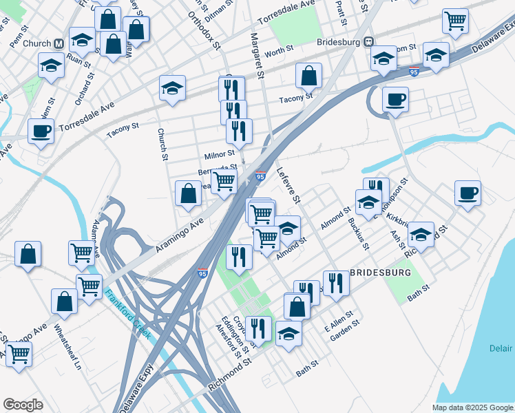 map of restaurants, bars, coffee shops, grocery stores, and more near 2533 Orthodox St in Philadelphia