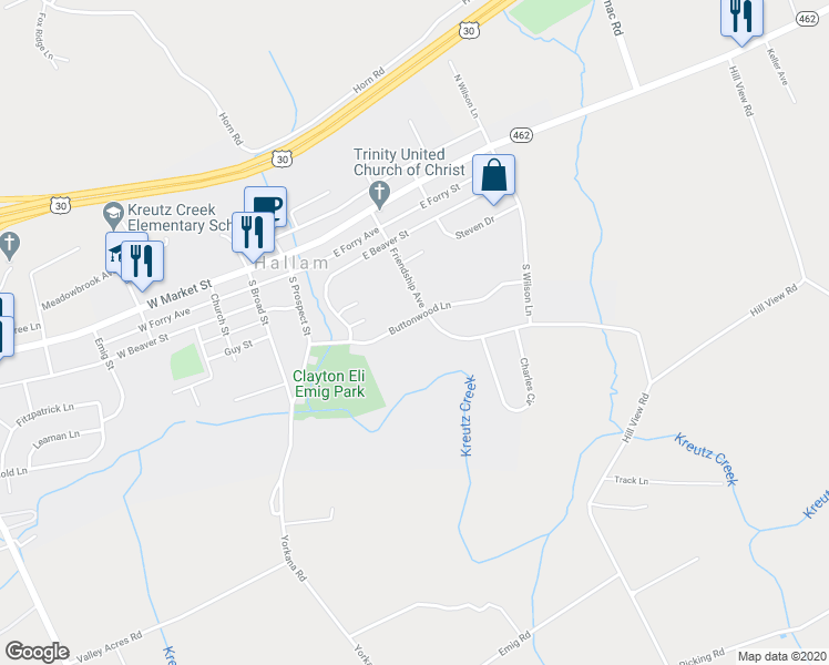map of restaurants, bars, coffee shops, grocery stores, and more near 298 Friendship Avenue in Hallam