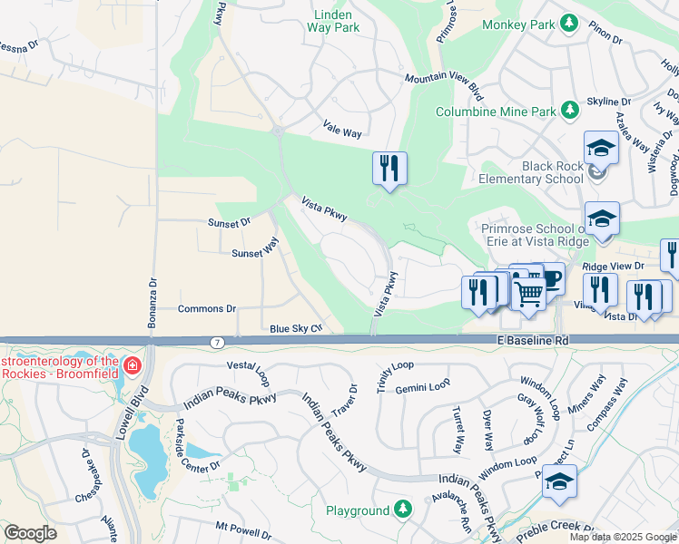 map of restaurants, bars, coffee shops, grocery stores, and more near 2852 Ironwood Circle in Erie