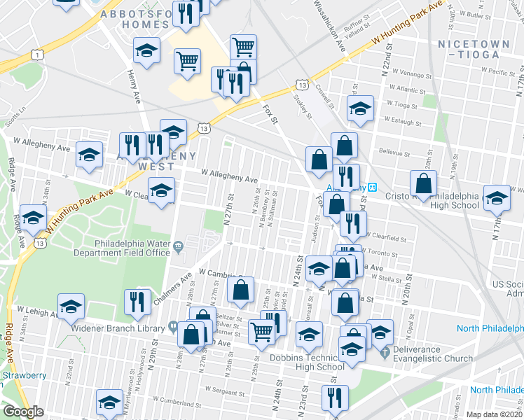 map of restaurants, bars, coffee shops, grocery stores, and more near 3108 North Bambrey Street in Philadelphia