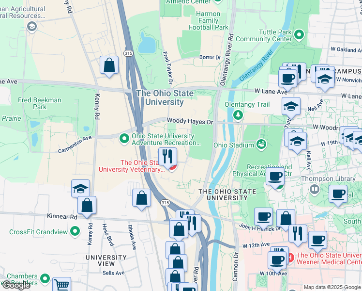 map of restaurants, bars, coffee shops, grocery stores, and more near 2021 Coffey Road in Columbus