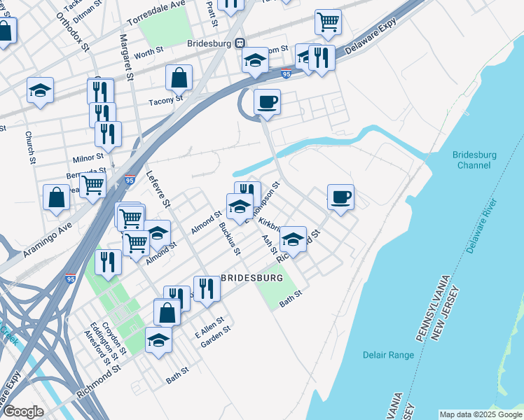 map of restaurants, bars, coffee shops, grocery stores, and more near 4713 East Thompson Street in Philadelphia