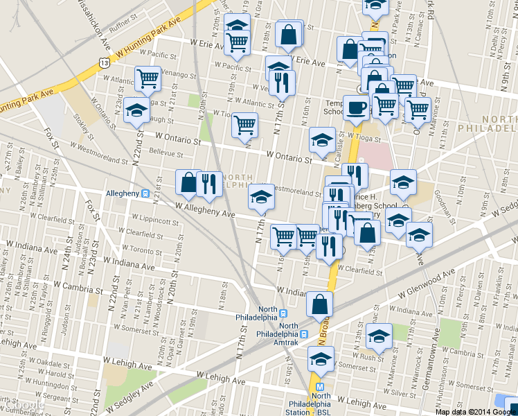 map of restaurants, bars, coffee shops, grocery stores, and more near 3214 North 17th Street in Philadelphia