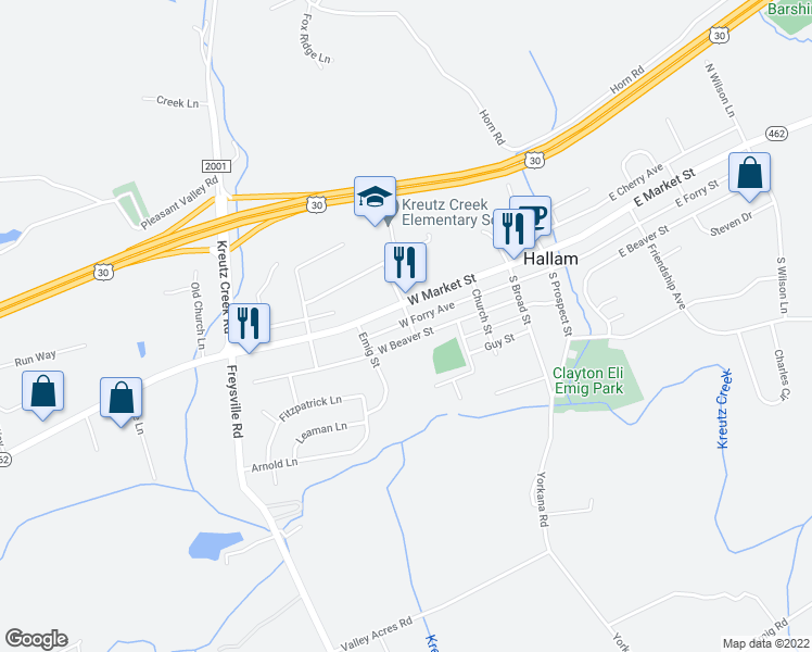 map of restaurants, bars, coffee shops, grocery stores, and more near 16 South Lee Street in York