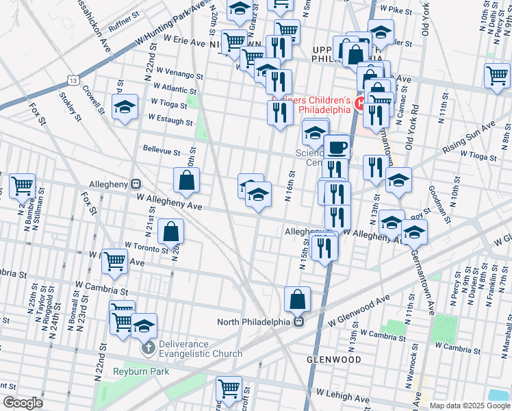 map of restaurants, bars, coffee shops, grocery stores, and more near 3214 North 17th Street in Philadelphia