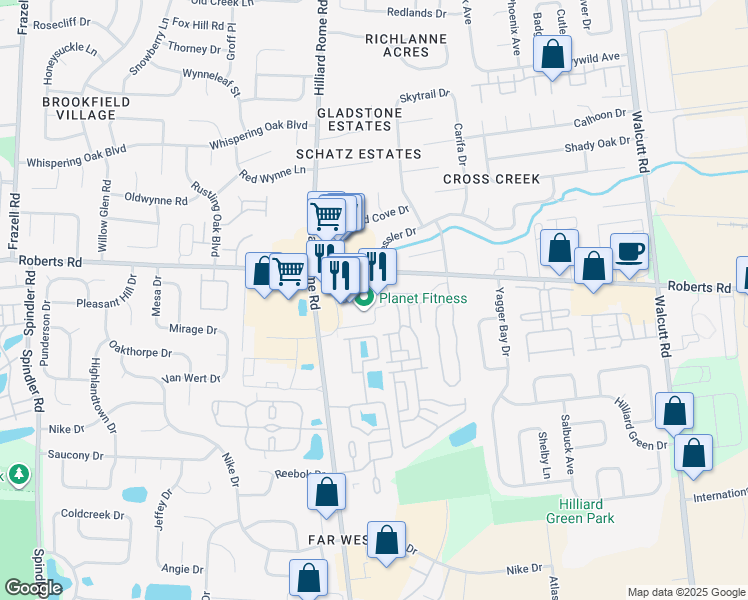 map of restaurants, bars, coffee shops, grocery stores, and more near 5397 Roberts Road in Hilliard