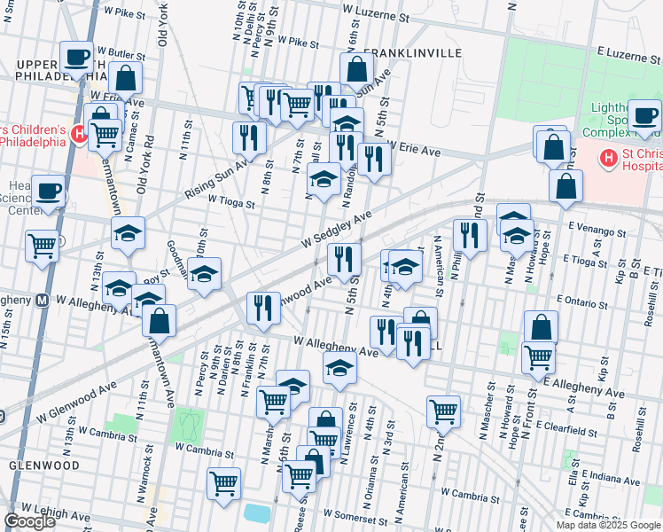map of restaurants, bars, coffee shops, grocery stores, and more near 3417 North Fairhill Street in Philadelphia