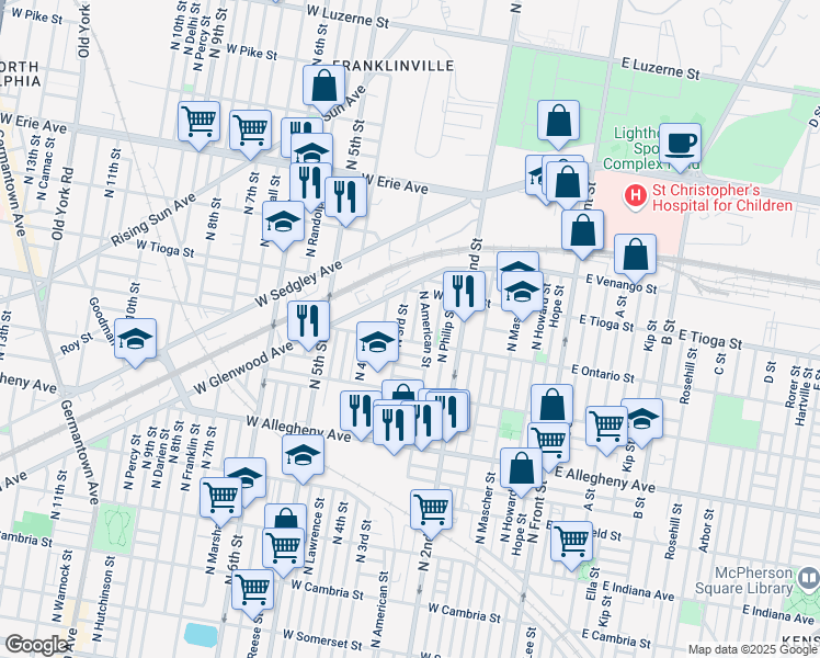 map of restaurants, bars, coffee shops, grocery stores, and more near 3414 North Bodine Street in Philadelphia
