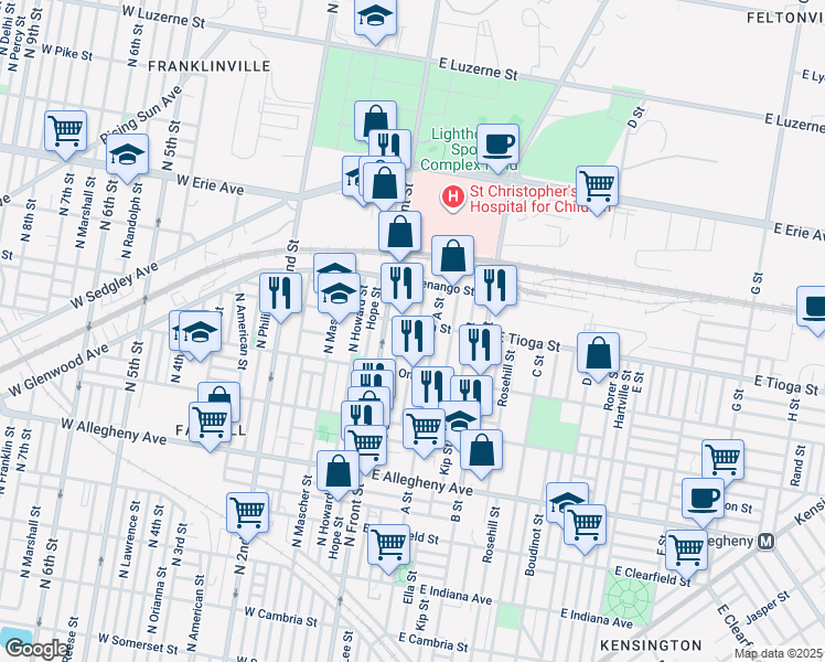 map of restaurants, bars, coffee shops, grocery stores, and more near 3462 North Water Street in Philadelphia