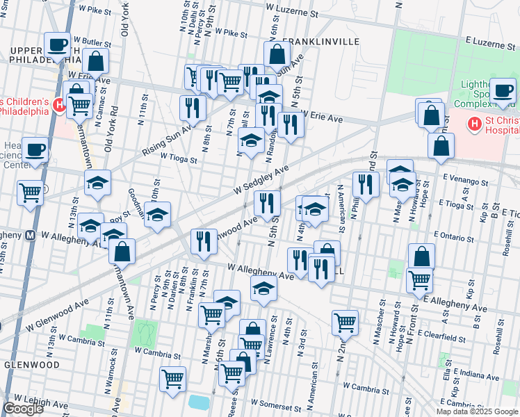 map of restaurants, bars, coffee shops, grocery stores, and more near 3412 North Randolph Street in Philadelphia