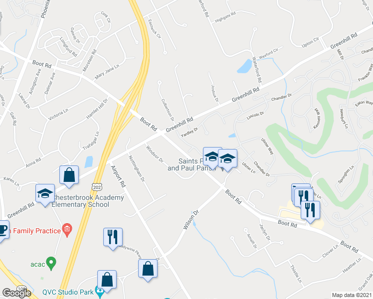 map of restaurants, bars, coffee shops, grocery stores, and more near 1728 Yardley Drive in West Chester