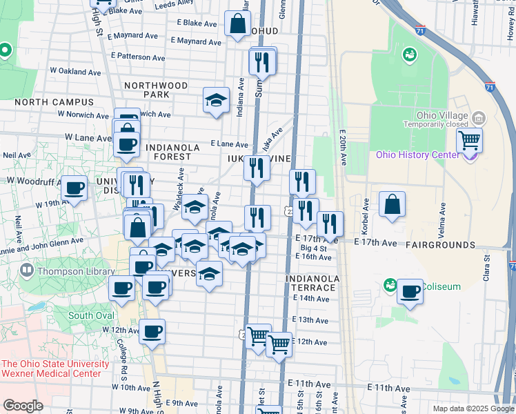 map of restaurants, bars, coffee shops, grocery stores, and more near 1975 Summit Street in Columbus