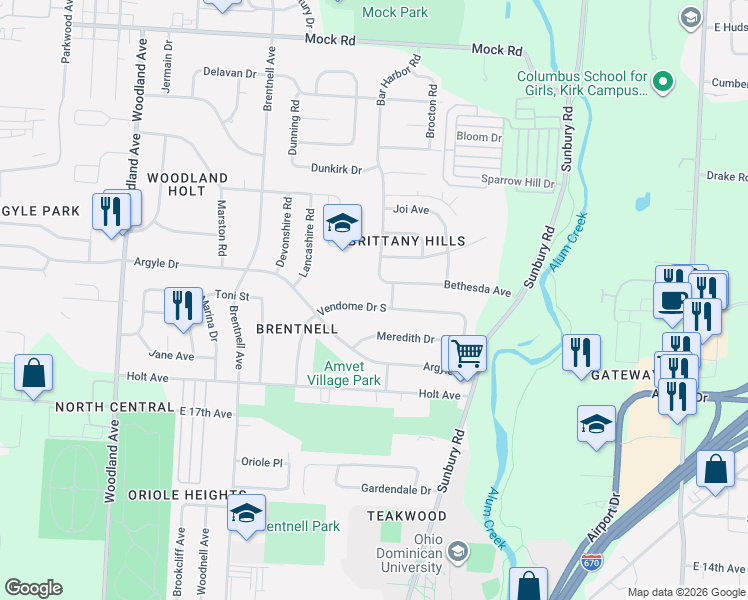 map of restaurants, bars, coffee shops, grocery stores, and more near 1675 Bar Harbor Road in Columbus