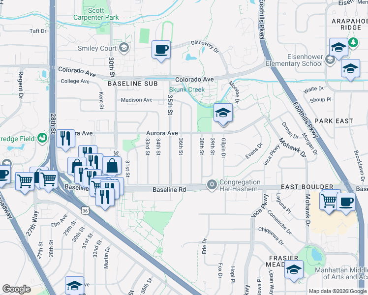 map of restaurants, bars, coffee shops, grocery stores, and more near 875 36th Street in Boulder