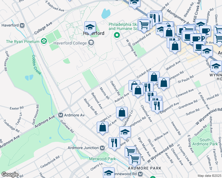 map of restaurants, bars, coffee shops, grocery stores, and more near 2931 Berkley Road in Ardmore