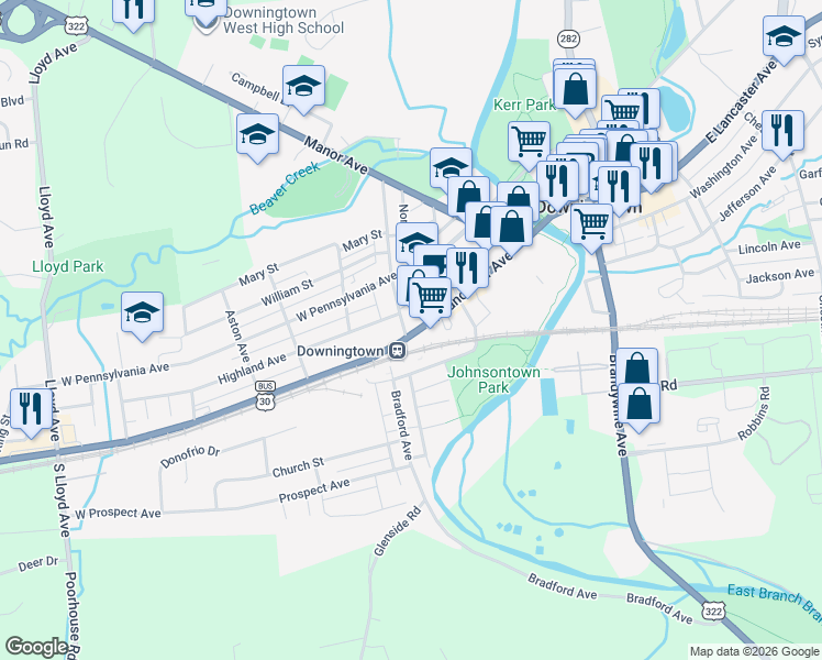 map of restaurants, bars, coffee shops, grocery stores, and more near 124 Western Avenue in Downingtown