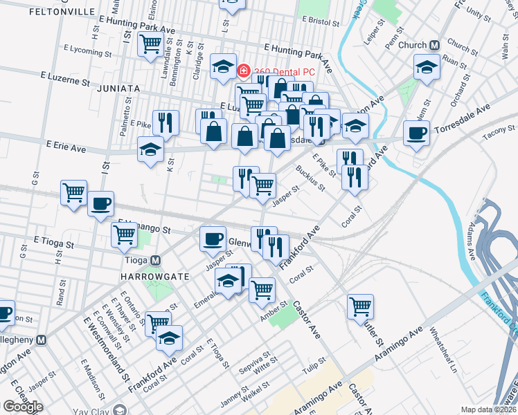 map of restaurants, bars, coffee shops, grocery stores, and more near 3741 Kensington Avenue in Philadelphia