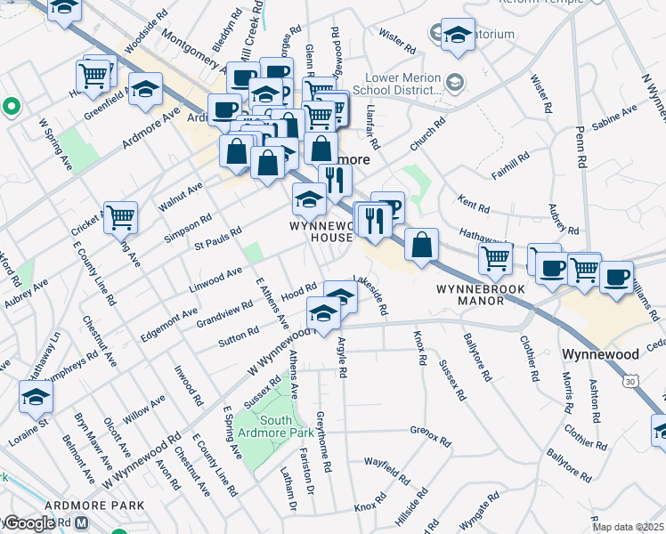 map of restaurants, bars, coffee shops, grocery stores, and more near 40 Wellington Road in Ardmore