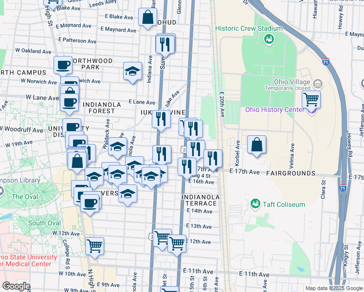 map of restaurants, bars, coffee shops, grocery stores, and more near 1935 North 4th Street in Columbus