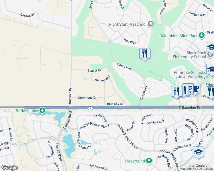 map of restaurants, bars, coffee shops, grocery stores, and more near 2800 Blue sky Circle in Erie