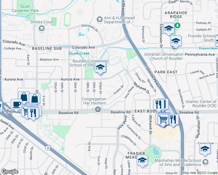 map of restaurants, bars, coffee shops, grocery stores, and more near 4020 Aurora Avenue in Boulder