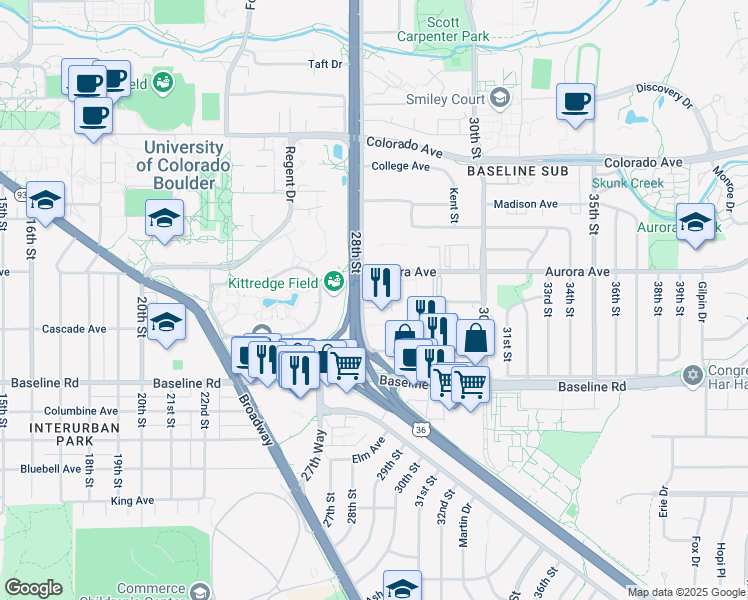 map of restaurants, bars, coffee shops, grocery stores, and more near 2800 Aurora Avenue in Boulder