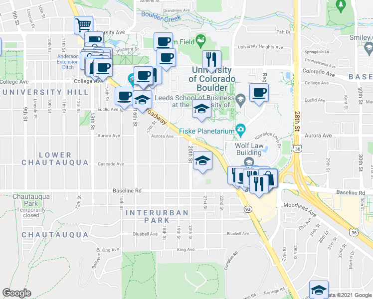 map of restaurants, bars, coffee shops, grocery stores, and more near in Boulder