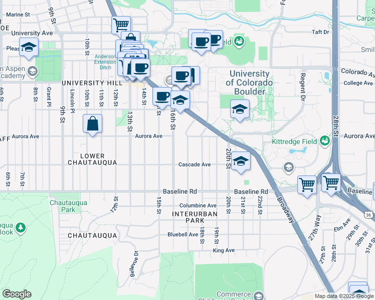 map of restaurants, bars, coffee shops, grocery stores, and more near 889 17th Street in Boulder